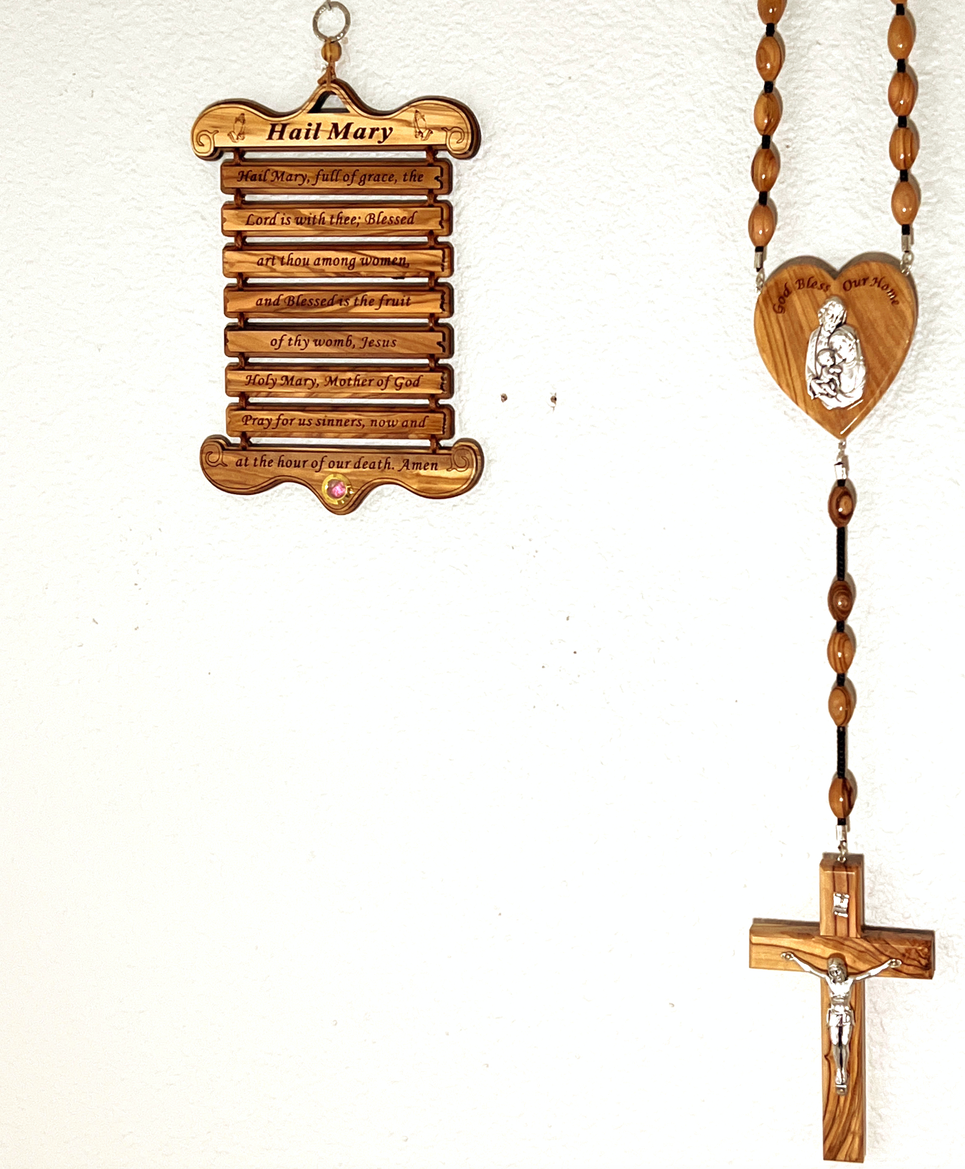 Hail Mary Prayer Engraved  Olive Wood From Holy Land with Wall Rosary 