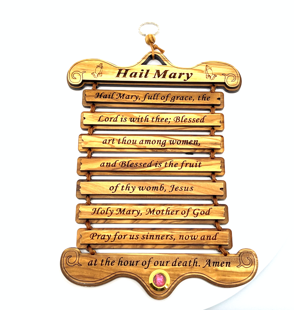 Hail Mary Prayer Engraved Wall Hanging in Olive Wood From Holy Land with Incense 