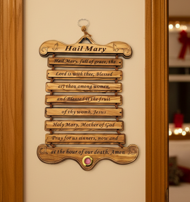 Hail Mary Prayer Engraved Wall Hanging in Olive Wood From Holy Land with Incense 
