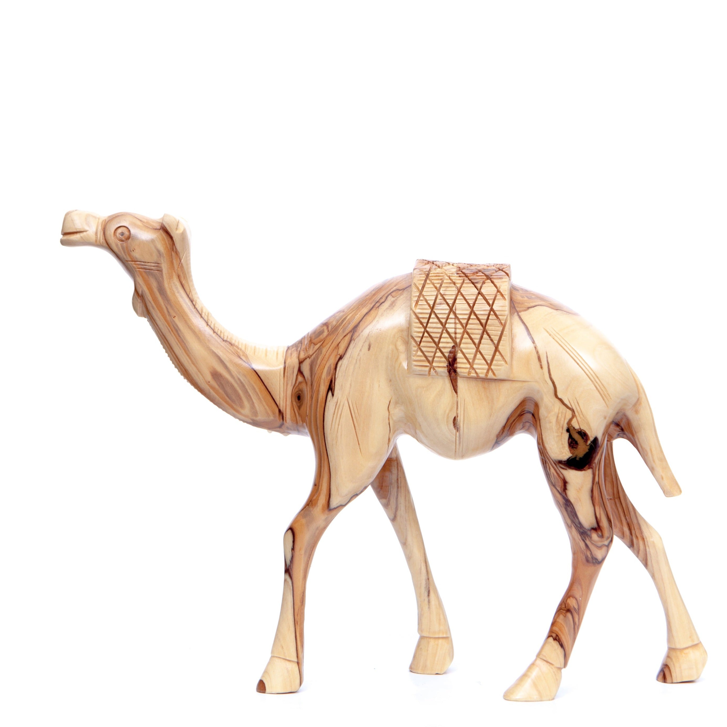 Olive wood nativity scene hand carved in Bethlehem, 13.4 inch back view of the olive wood sculpture