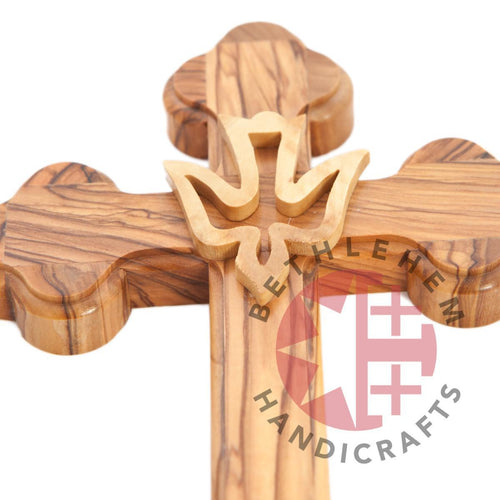 Holy Spirit olive wood wall cross from Bethlehem, 7.3 inch side angle of the olive wood sculpture