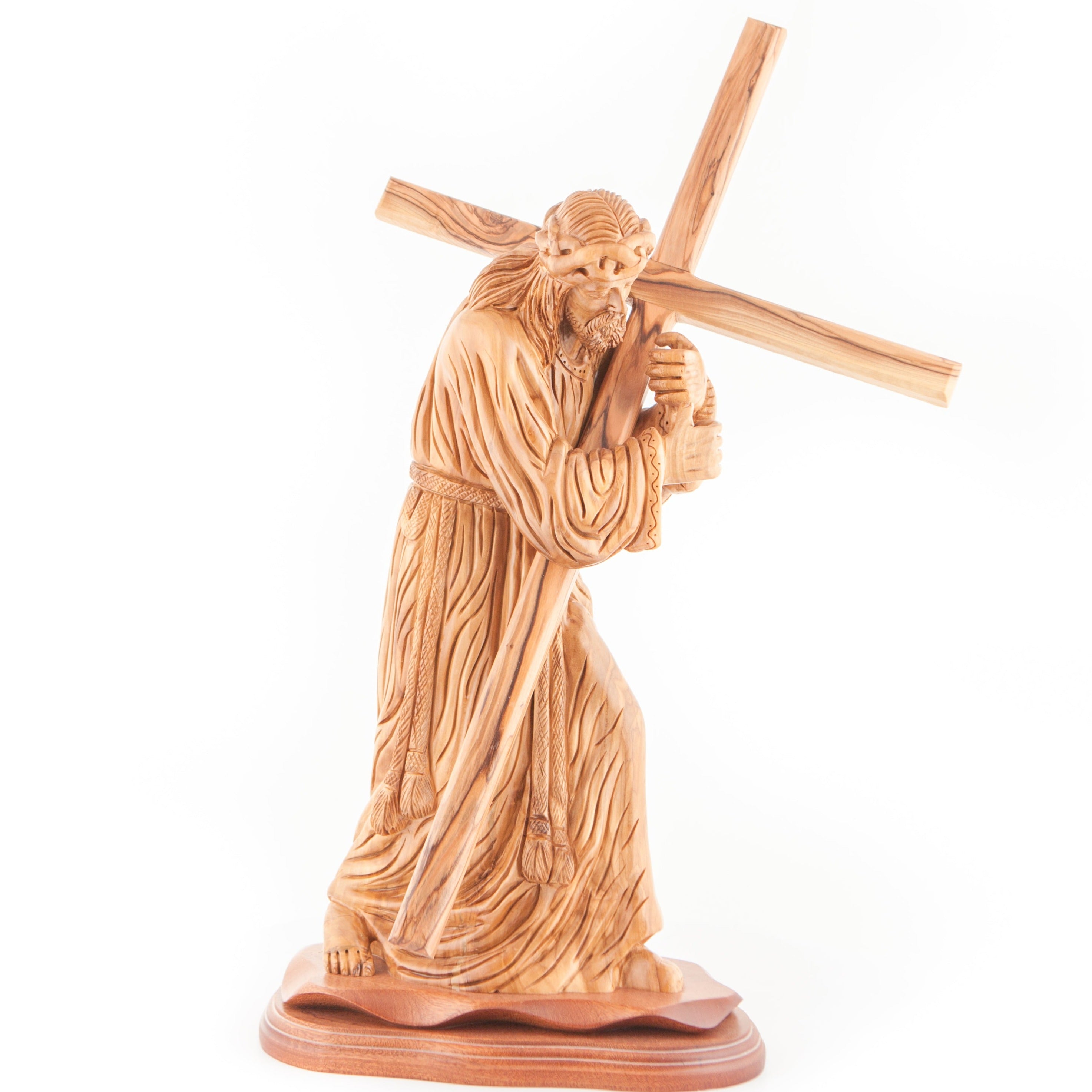 Jesus Christ olive wood cross from Bethlehem hand carved, 16.9 inch opposite side angle of the religious sculpture