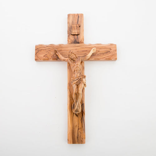 Olive wood crucifix hand carved in Bethlehem, 13.8 inch side angle of the olive wood sculpture