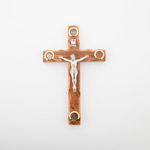 Olive wood crucifix hand carved in Bethlehem, 9.8 inch side angle of the olive wood sculpture
