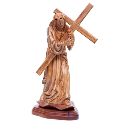 Jesus Christ "Carrying Cross" Wooden Carving, 12.4"