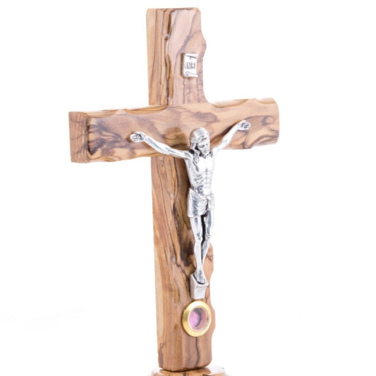 Small Olive Wood Hand Made Carved Wooden Standing Crucifix with Incense Made in Holy Land