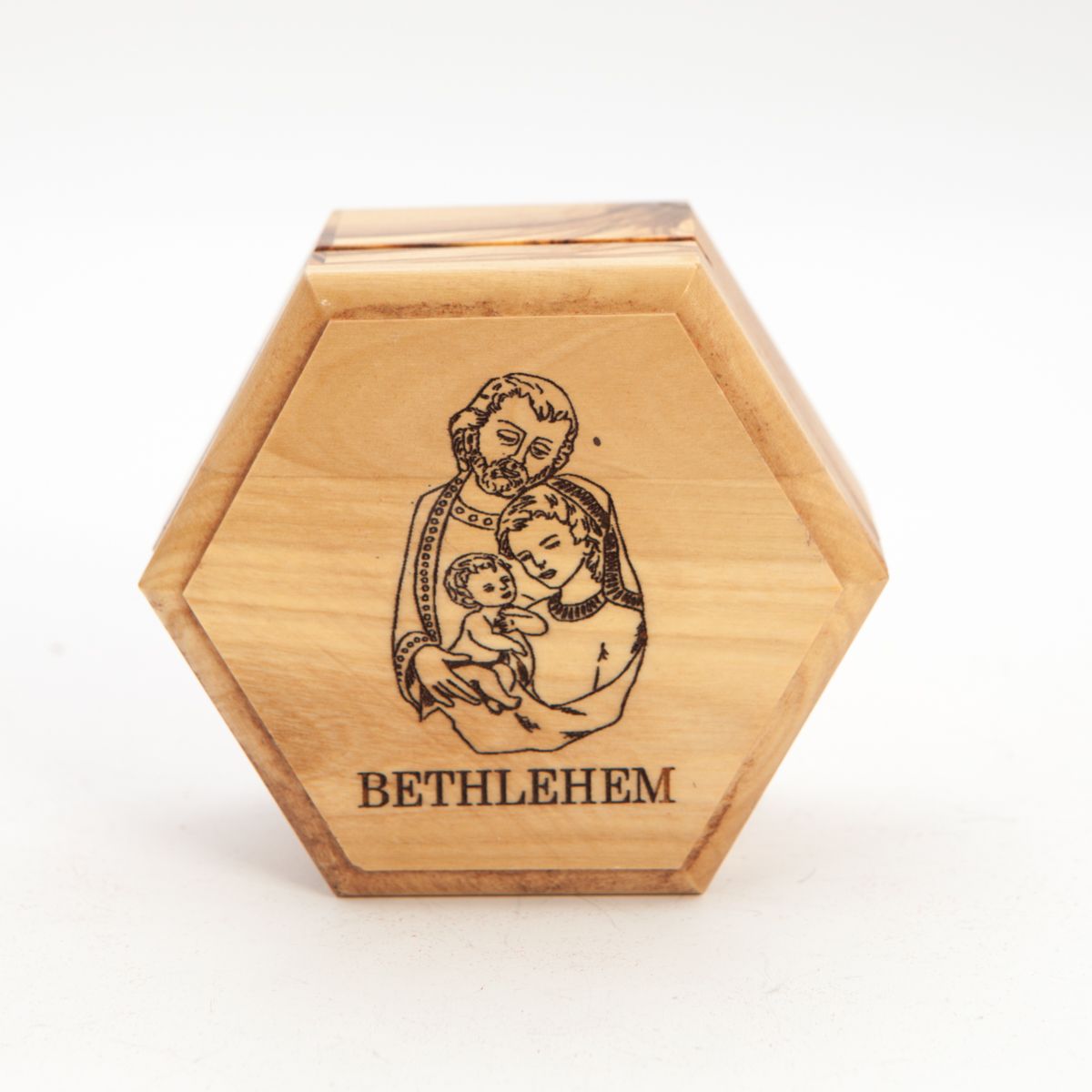 Holy Family Engraved Wooden Rosary Holder (Bethlehem), Hexagon