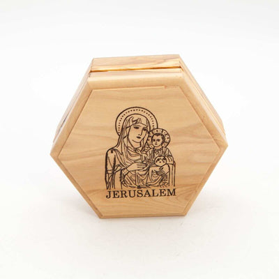 Virgin Mary with Baby Jesus Wooden Rosary Holder (Jerusalem) Hexagon