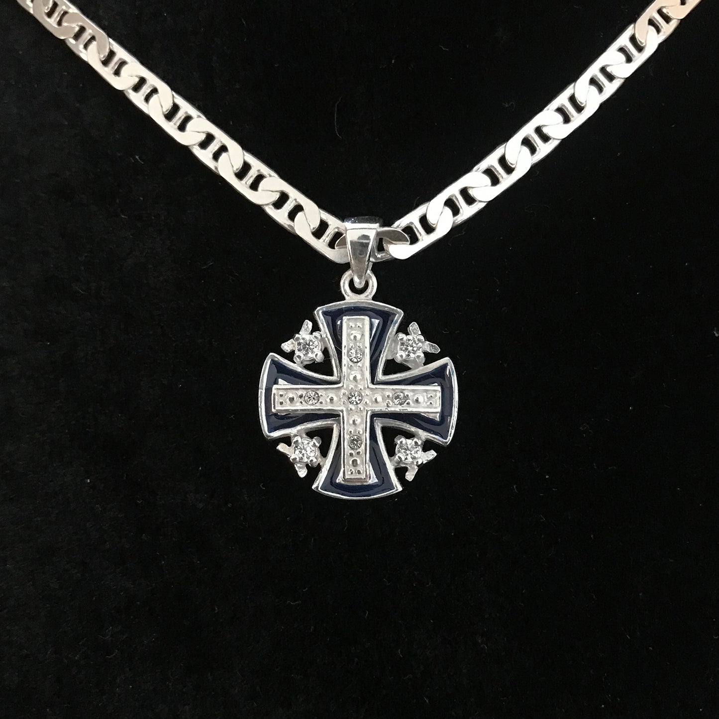 Dark Blue Jerusalem Cross Necklace with White Gemstones - Jewelry - Bethlehem Handicrafts
