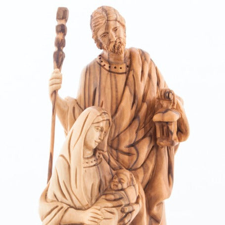 Olive wood nativity scene hand carved in Bethlehem, 7.2 inch three quarter view of the religious piece