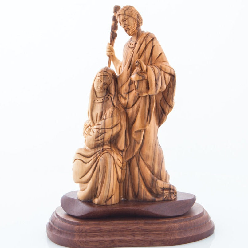 Carved Wooden Statue of The Holy Family Holding a Lamp with Base - Statuettes - Bethlehem Handicrafts