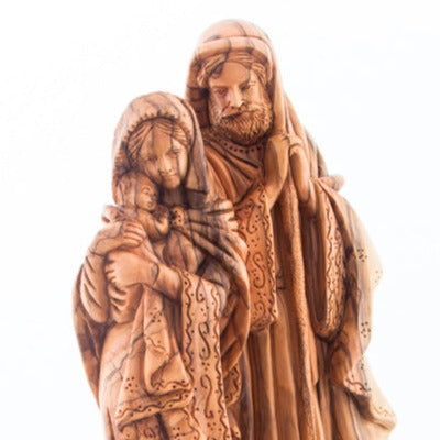 Olive wood nativity scene hand carved in Bethlehem, 13.4 inch three quarter view of the religious piece