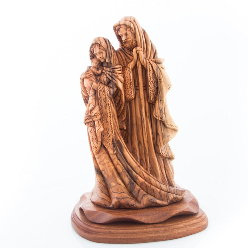 Olive wood nativity scene hand carved in Bethlehem, 13.4 inch side angle of the olive wood sculpture