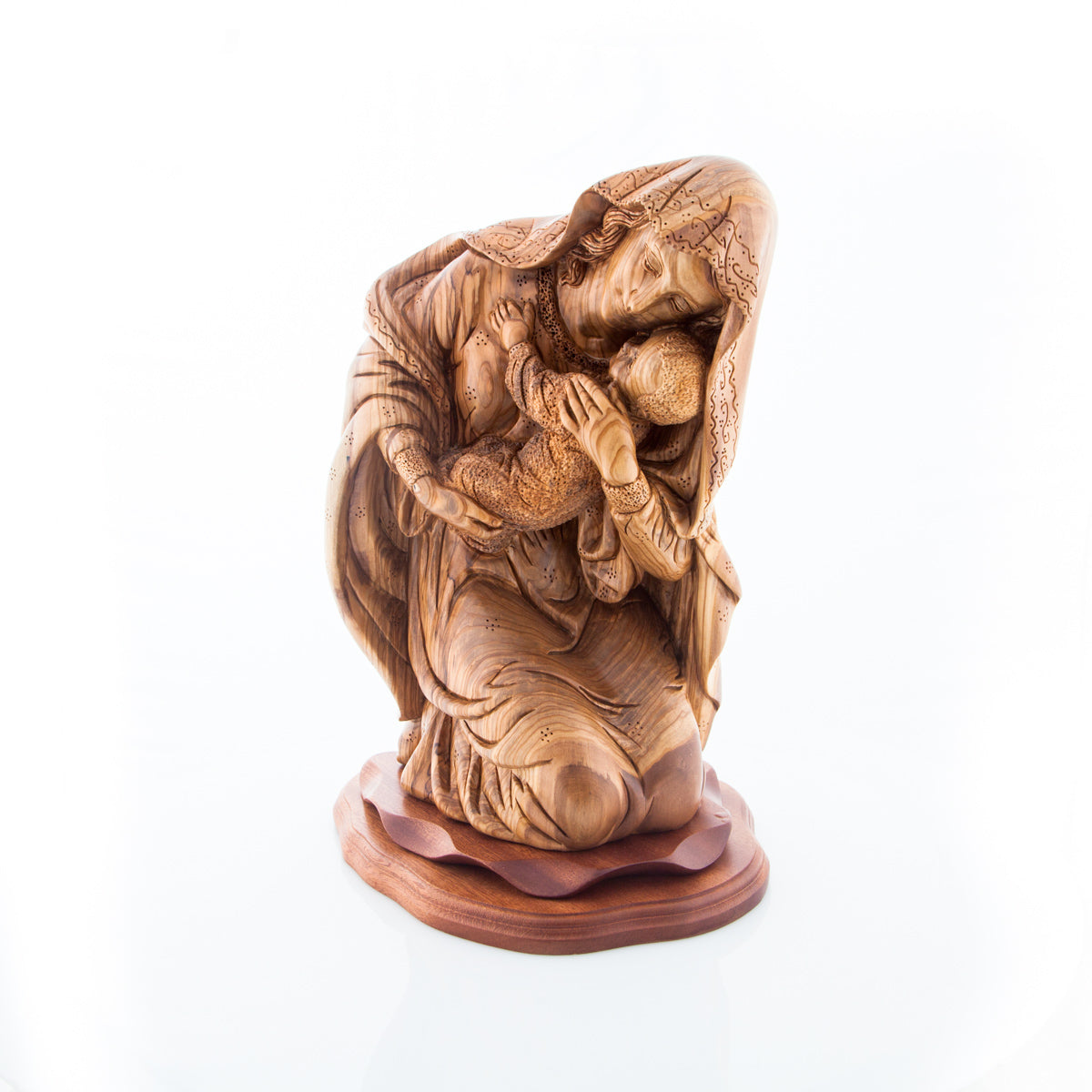Hand Carved Olive Wood Kneeling Virgin Mary with Baby Jesus Statue - Statuettes - Bethlehem Handicrafts