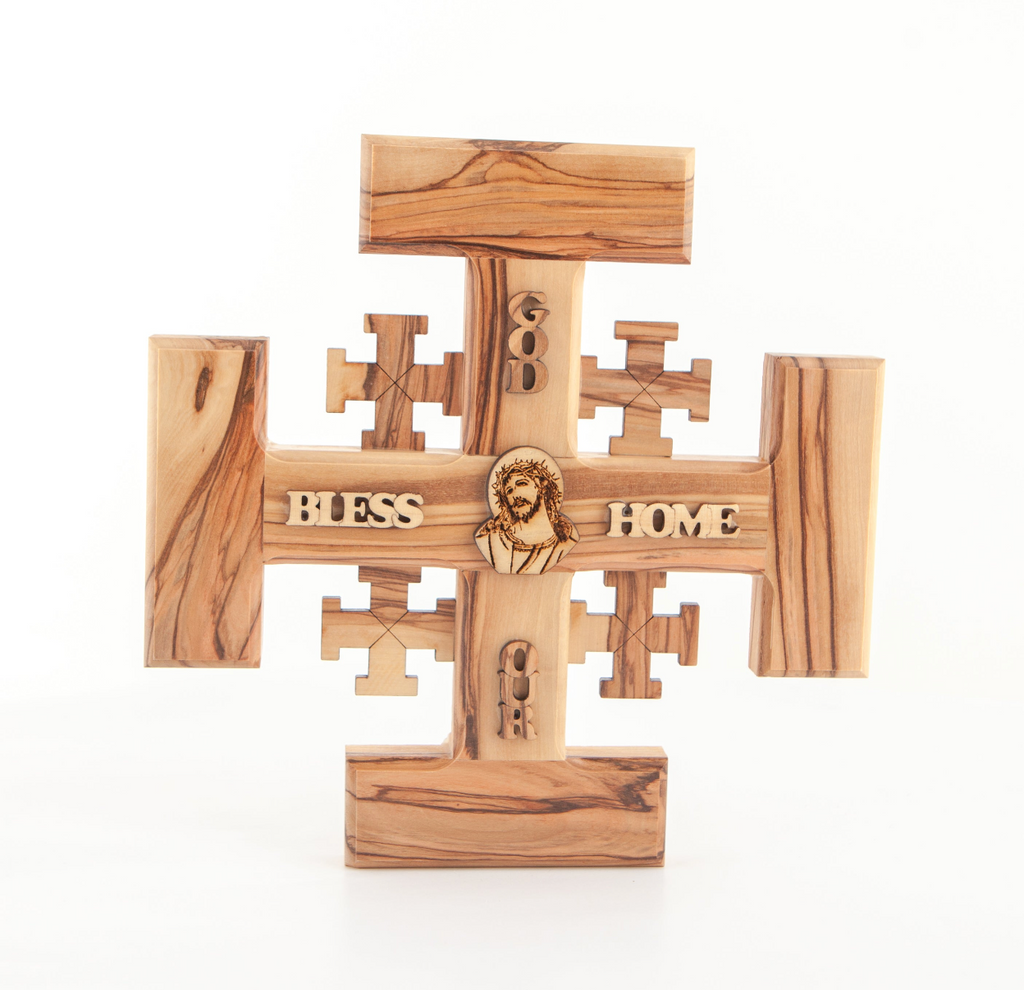 Wall Cross with "God Bless Our Home", 7.5", Jesus Image, Olive Wood from Holy Land
