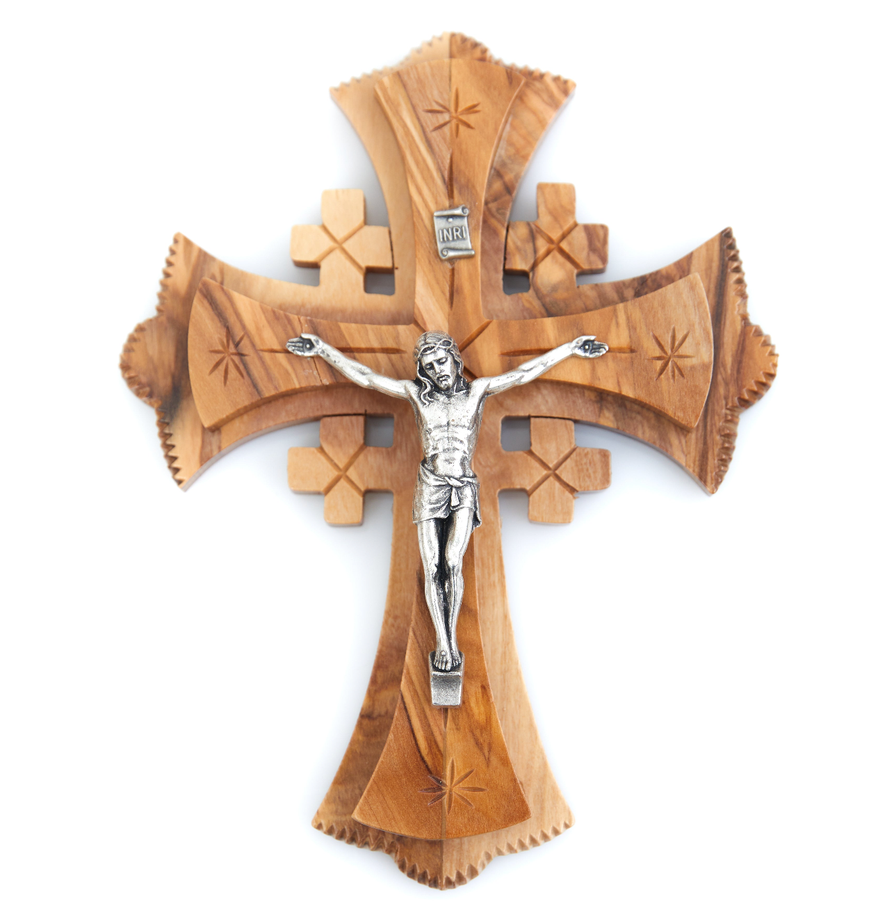 Jerusalem Crucifix Wall Cross, Wooden Hand Made from Holy Land Olive Wood, 7 Inches, 4 Crosses