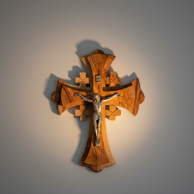 Jerusalem Crucifix Wall Cross, Wooden Hand Made from Holy Land Olive Wood, 7 Inches, 4 Crosses