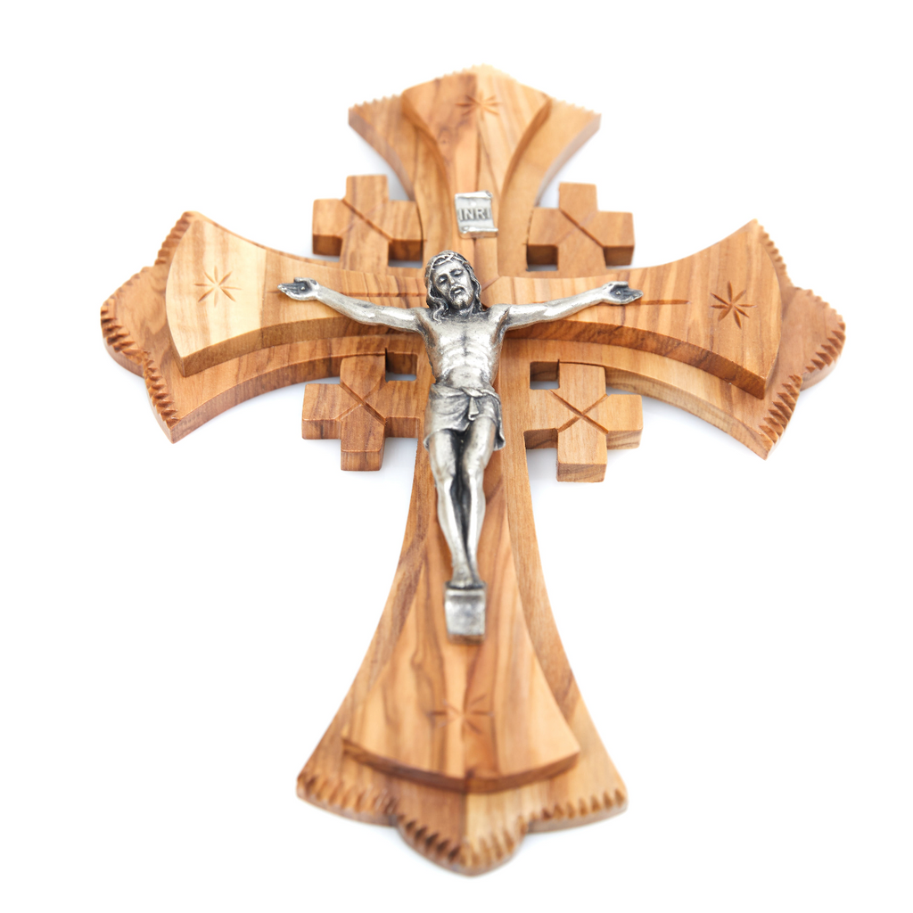 Olive wood crucifix hand carved in Bethlehem, 8.7 inch side angle of the olive wood sculpture