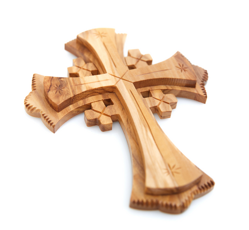 Olive wood wall cross hand carved in Bethlehem, 7.1 inch side angle of the olive wood sculpture