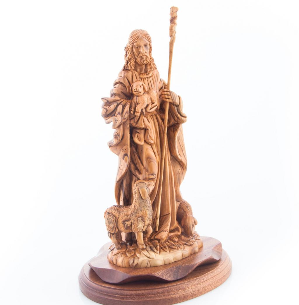 Jesus Christ The Good Shepherd Carved Wood Statue from Olive Wood in the Holy Land