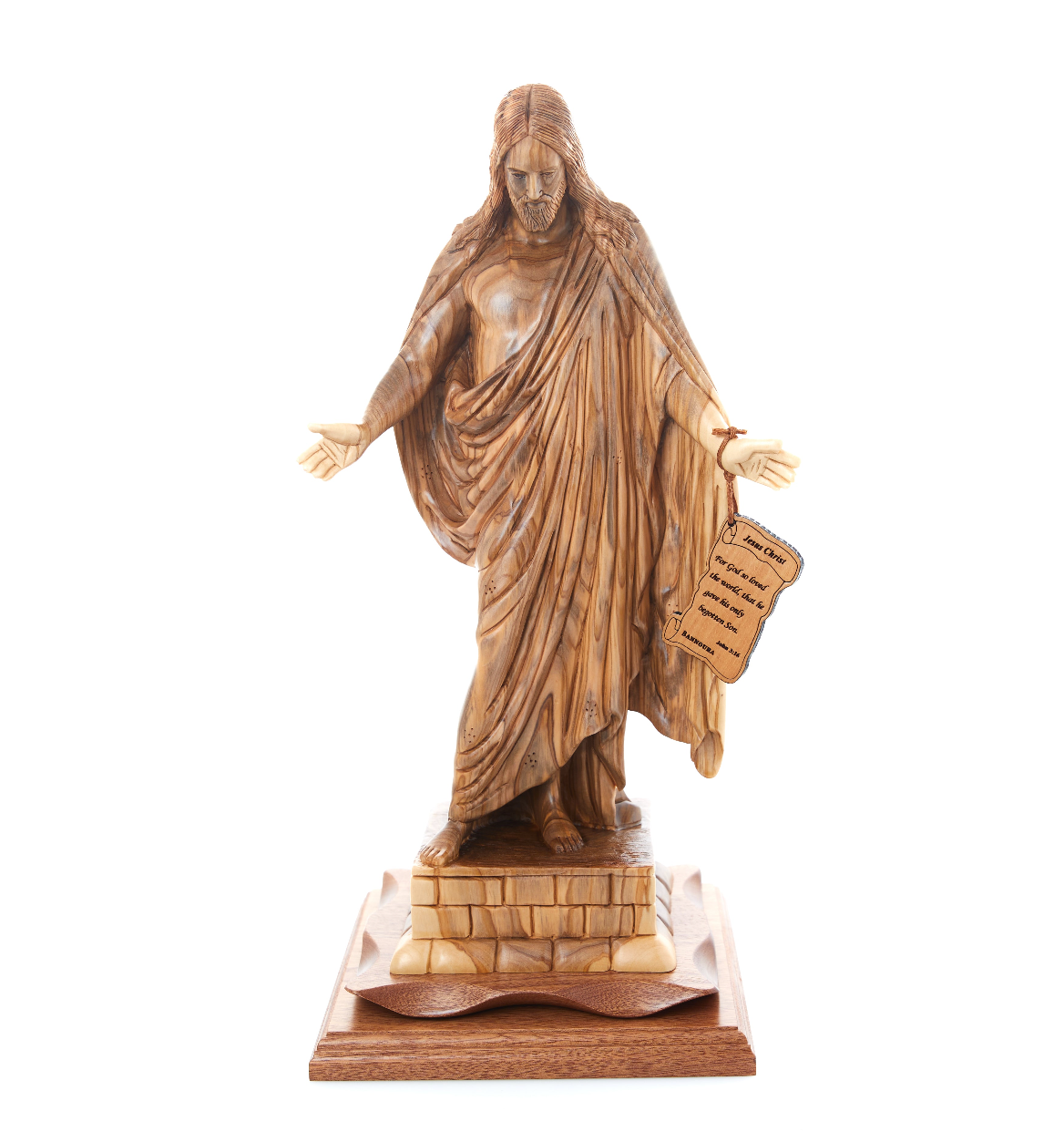 Jesus Christ statue hand carved from Bethlehem olive wood, 16.9 inch side angle of the olive wood sculpture
