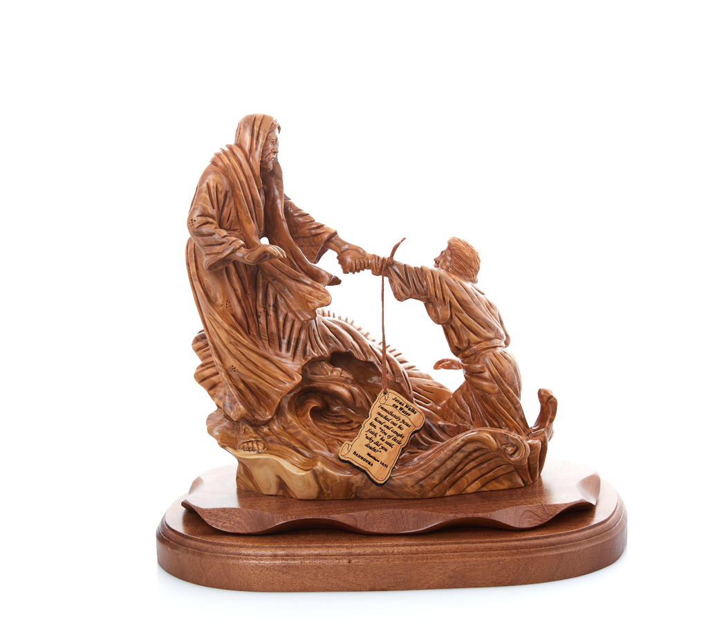 Jesus Christ statue hand carved from Bethlehem olive wood, 14.4 inch lifestyle photo on display