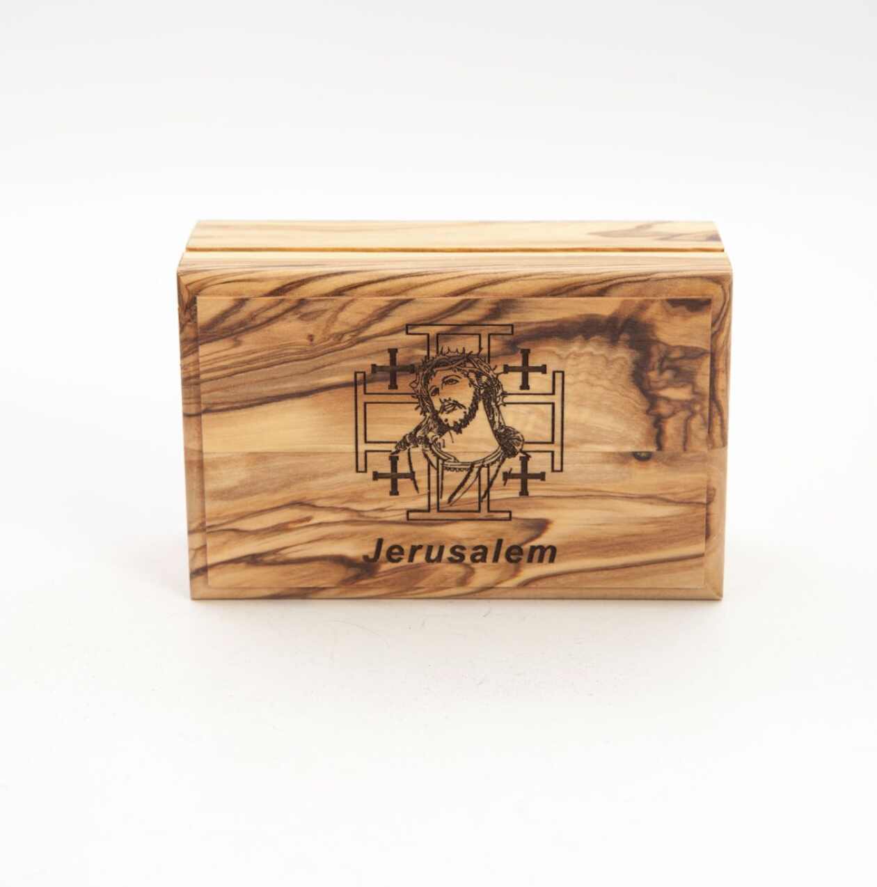 Rosary Box Holder with Jesus Christ Engraved, Rectangle Olive Wood
