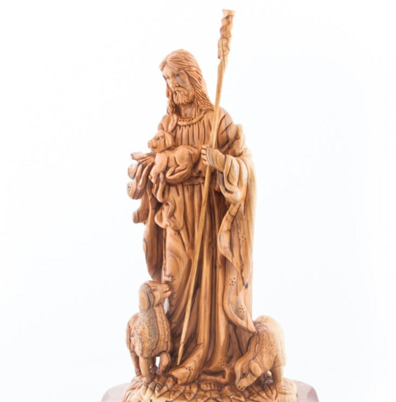 Jesus Christ The Good Shepherd Carved Wood Statue from Holy Land Olive Wood