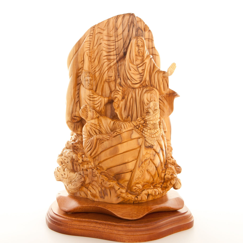 Jesus Christ statue hand carved from Bethlehem olive wood, 10.5 inch lifestyle photo on display