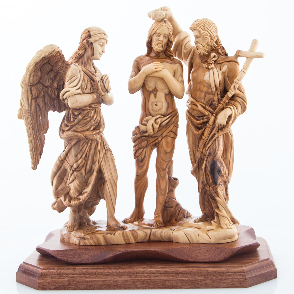 Jesus Christ "Baptism by Saint John" with Angel Sculpture, 11.4" Holy Land Carving from Olive Wood