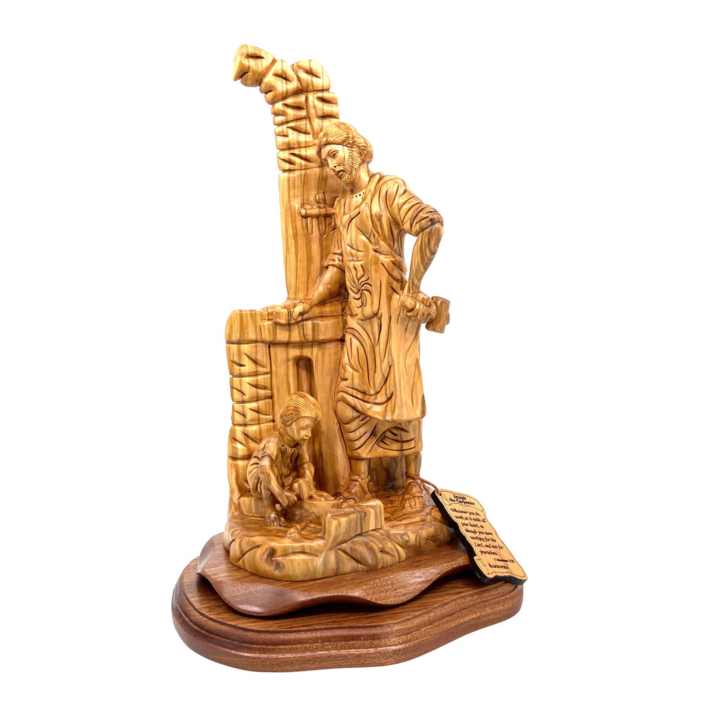 Jesus Christ statue hand carved from Bethlehem olive wood, side angle of the olive wood sculpture
