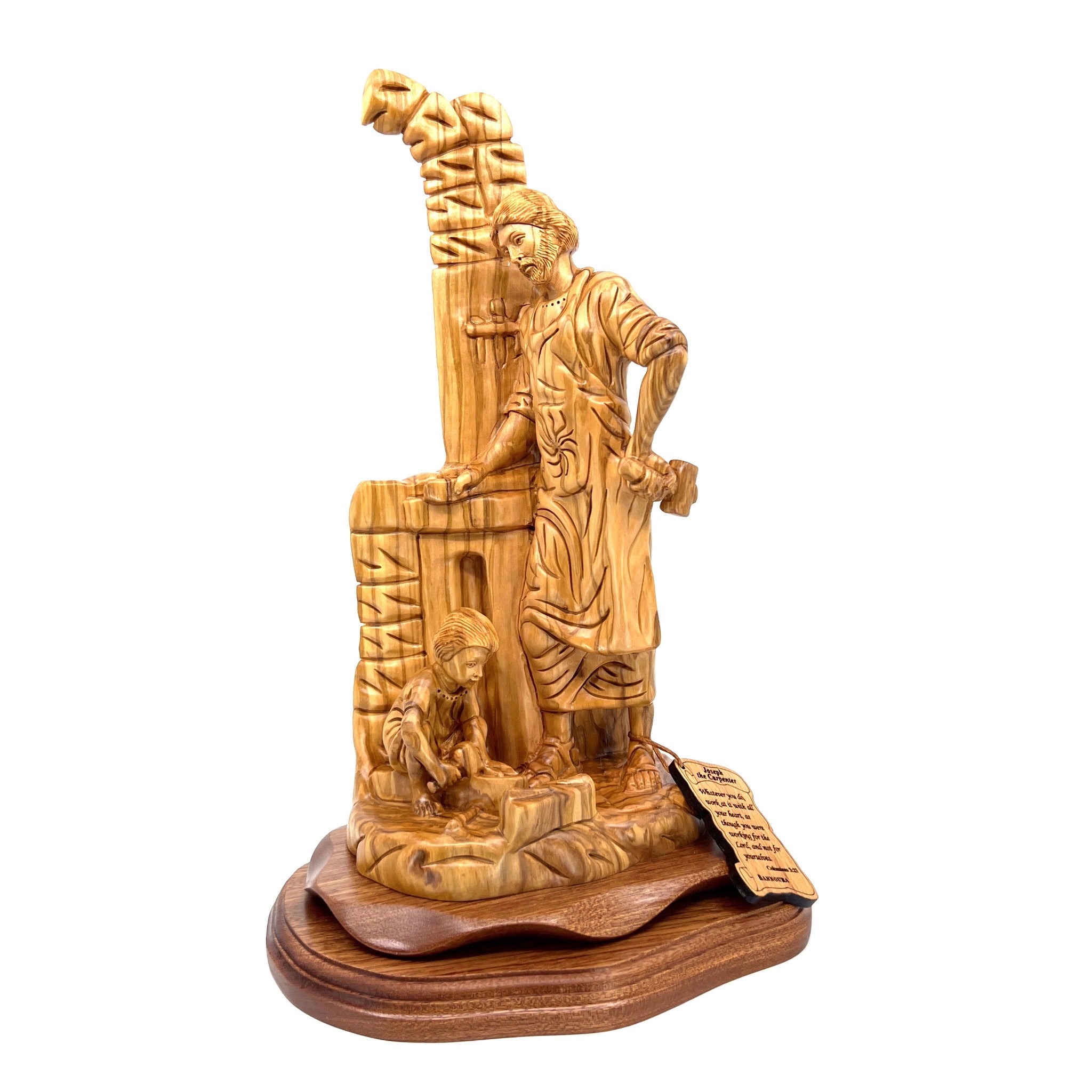 Jesus Christ statue hand carved from Bethlehem olive wood, side angle of the olive wood sculpture