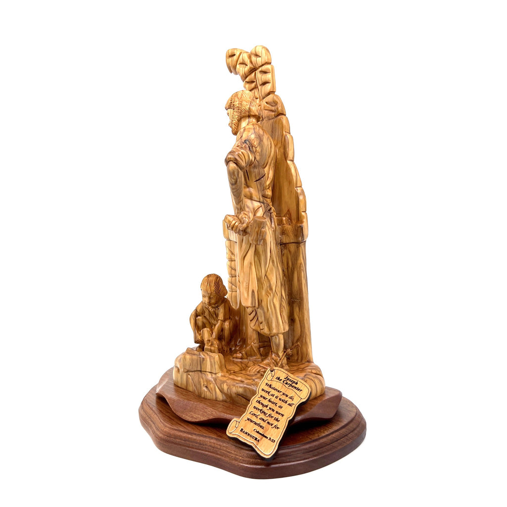 Jesus Christ statue hand carved from Bethlehem olive wood, close detail of the hand carved work