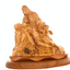 An olive wood carving statue depicting the Pieta, featuring the Virgin Mary and her child Jesus, with an angel on the side.