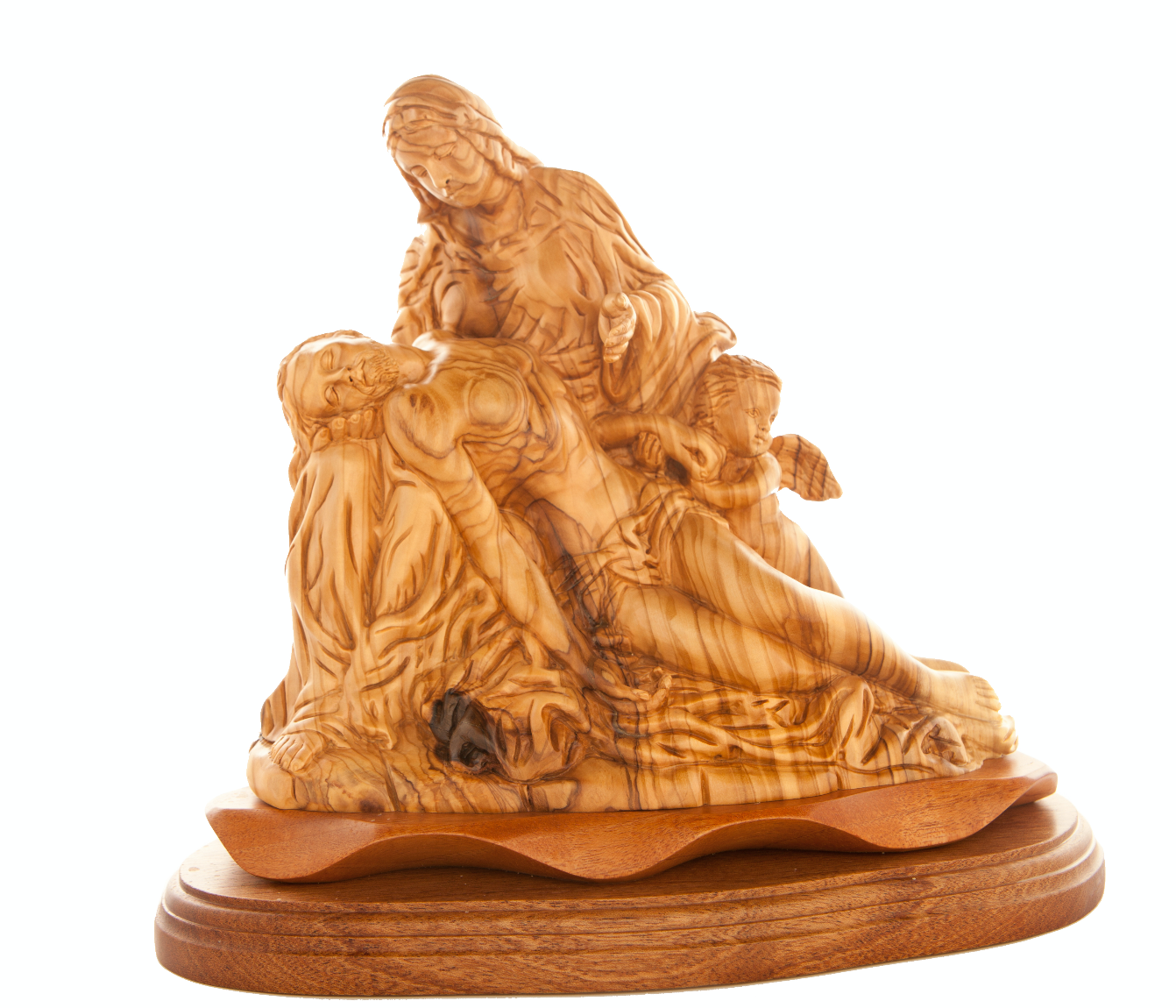 An olive wood carving statue depicting the Pieta, featuring the Virgin Mary and her child Jesus, with an angel on the side.