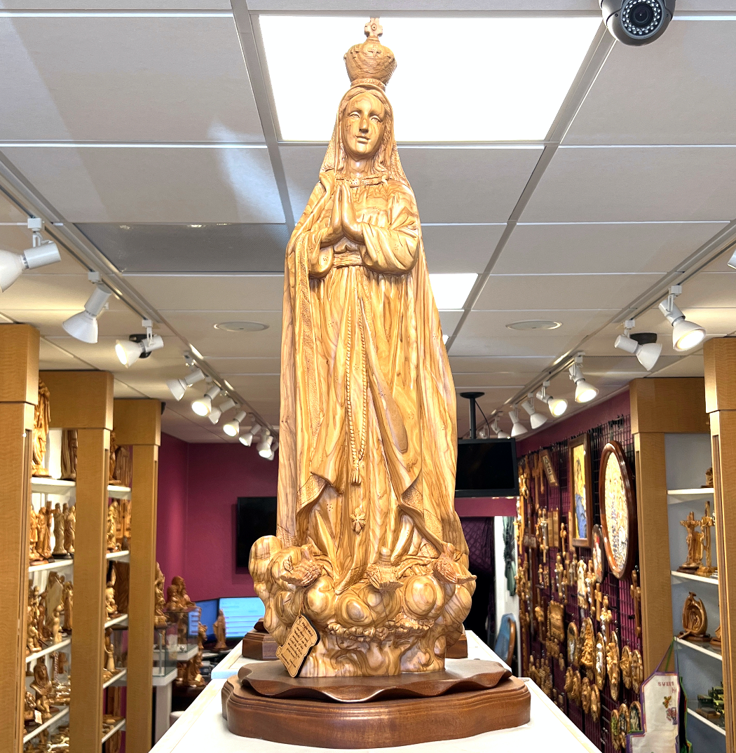 Our Lady Of Fatima Carved Olive Wood Sculpture , Large Virgin Mary Masterpiece 
