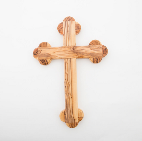 Olive wood wall cross hand carved in Bethlehem, 13 inch side angle of the olive wood sculpture