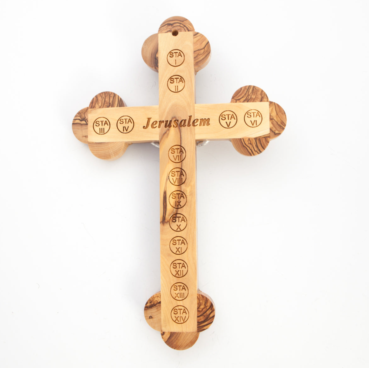 Large Budded Wall Cross Hand Made From Olive Wood in the Holy Land 14 Stations of Cross Engraved on Back with Jerusalem 