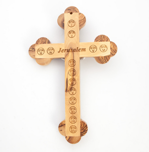 Olive wood crucifix hand carved in Bethlehem, 11 inch side angle of the olive wood sculpture