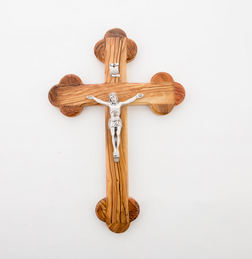Olive wood crucifix hand carved in Bethlehem, 11 inch front view of the olive wood masterpiece