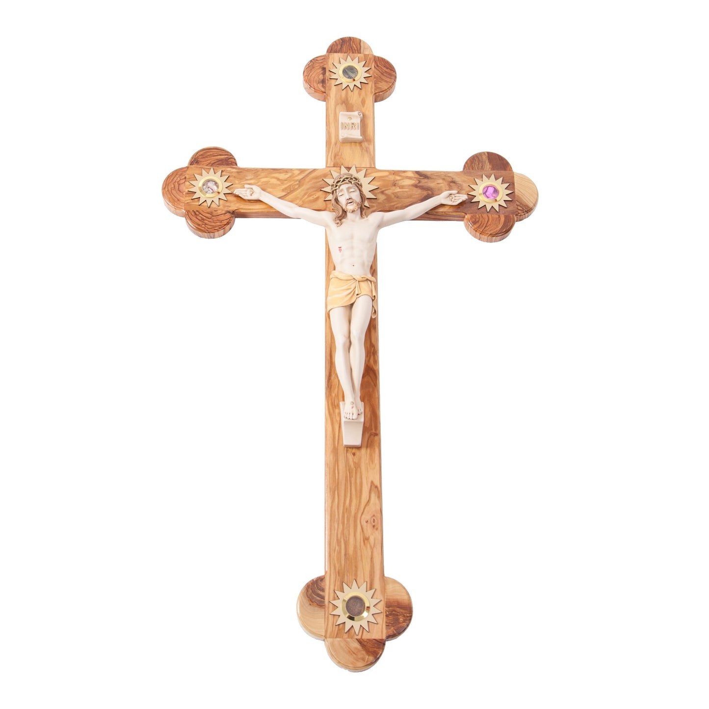 Large Budded Olive Wood Wall Crucifix with 5 Holy Land Essences Stone Resin Corpus 23.2Inches