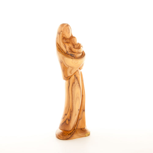 Virgin Mary olive wood statue from Bethlehem hand carved, 9.6 inch side angle of the olive wood sculpture