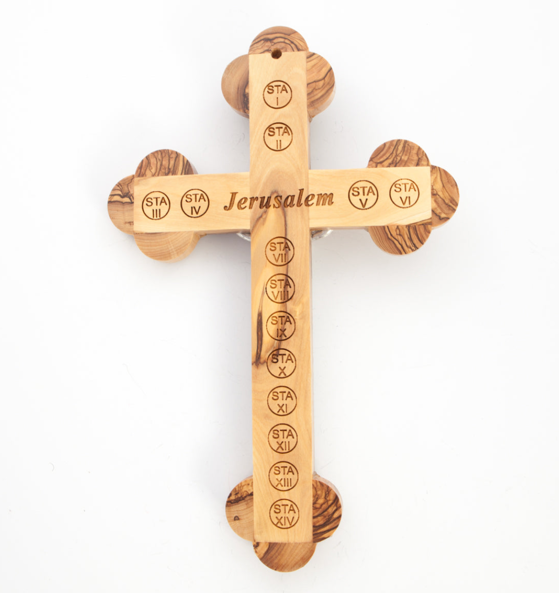 14 Fourteen Stations of the Cross Engaged on Back Mother of Pearl Crucifix for Wall with Silver Jesus Corpus, Olive Wood Handmade with souvenirs from the Holy Land