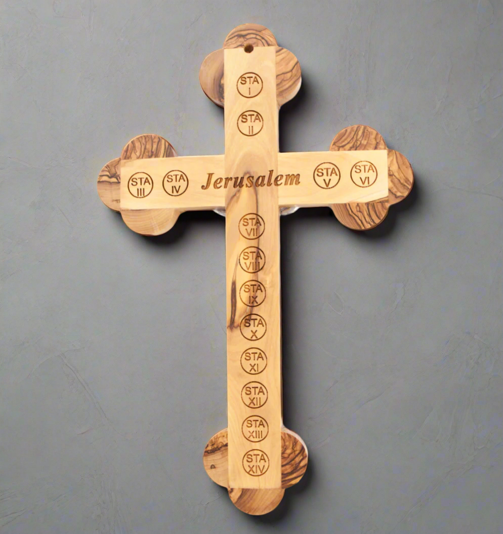 14 Fourteen Stations of the Cross Engaged on Back Mother of Pearl Crucifix for Wall with Silver Jesus Corpus, Olive Wood Handmade with souvenirs from the Holy Land