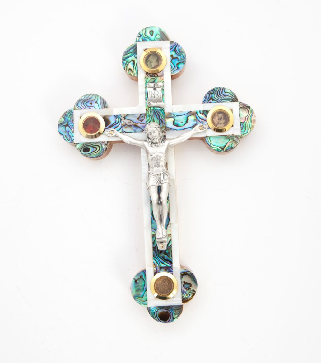 Mother of Pearl Crucifix for Wall with Silver Jesus Corpus, Olive Wood Handmade with souvenirs from the Holy Land     