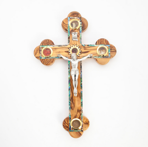 Olive wood crucifix hand carved in Bethlehem, 15.4 inch side angle of the olive wood sculpture