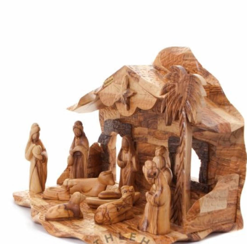 Nativity Set Scene Carved from Olive Wood in Holy Land
