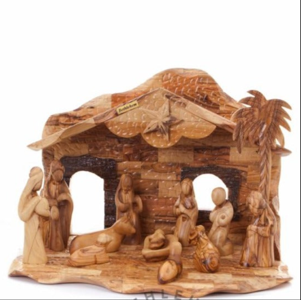 Abstract Nativity Set Scene Carved Olive Wood in Holy Land