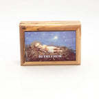 Baby Jesus in Manager Box, Printed Hand Carved Olive Wooden Rosary Holder (Jerusalem)