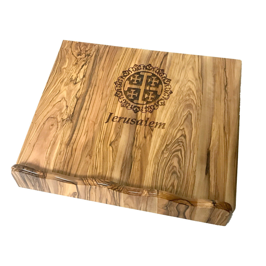 Jerusalem Cross olive wood cross from Bethlehem hand carved, side angle of the olive wood sculpture